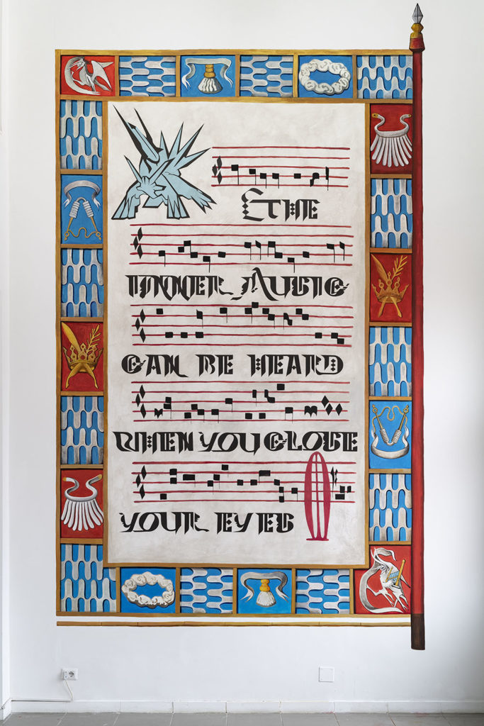 The inner music can be heard when you close your eyes, 2019, wall painting, stickers, 580x280 cm, ph. Giorgio Benni